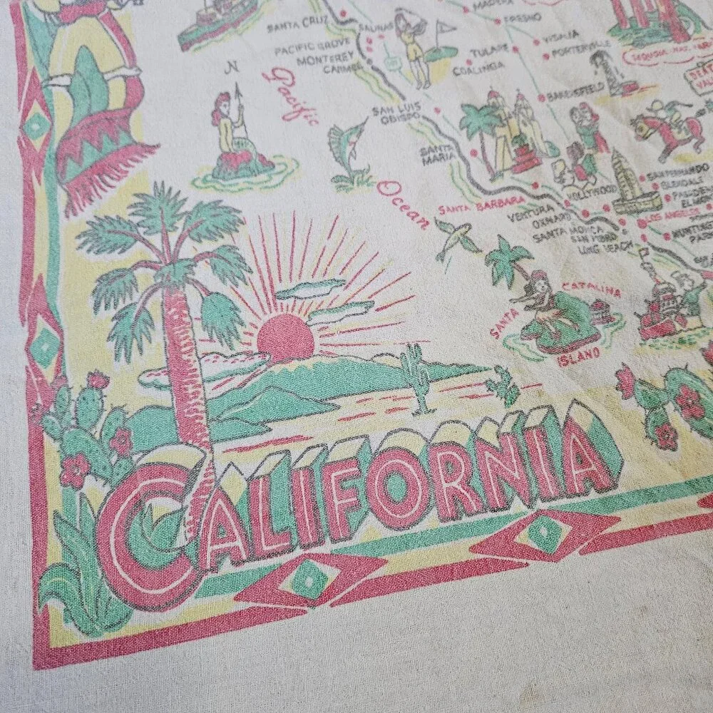 Vintage 40s Large Linen Kitchen Tea Towel California Souvenir Tourist Map 37x29